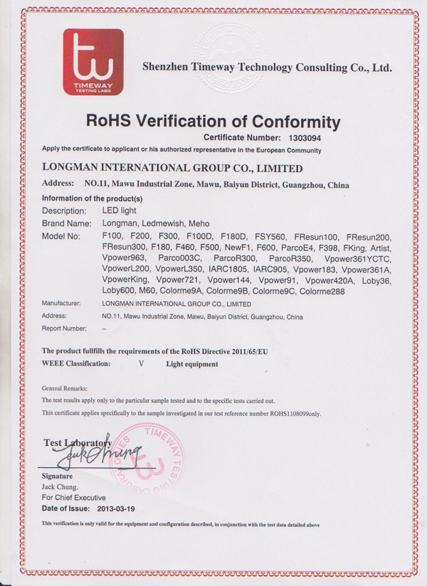 RoHS verification of conformity certificate number 1303094