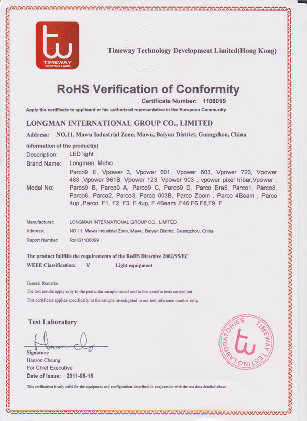 RoHS verification of conformity certificate number 1108099