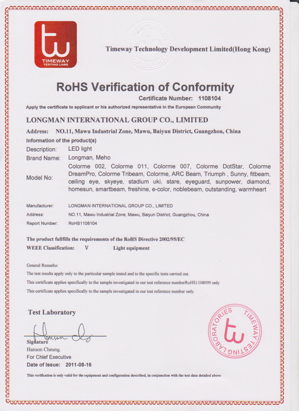 RoHS verification of conformity certificate number 1108104