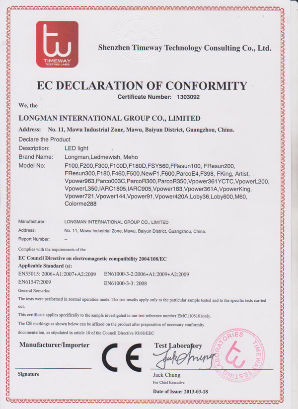 EC declaration of conformity certificate number 1303092