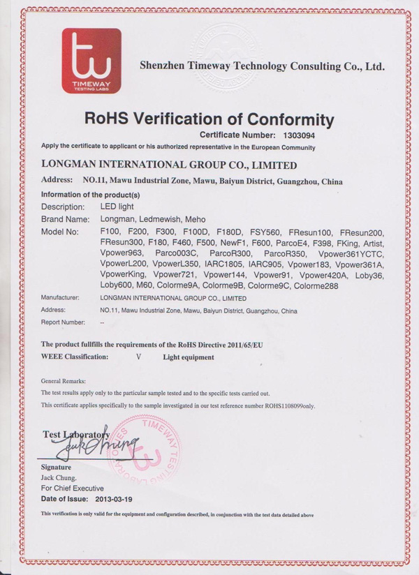 RoHS verification of conformity certificate number 1303094